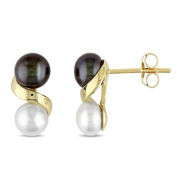 5.5-6 mm Black and White Cultured Freshwater Pearl Earrings in 10K Yellow Gold